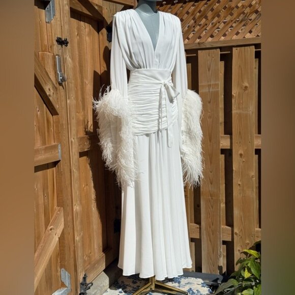 🆕 BRONX & BANCO 🧿 NWOT Geisha Blanc Feather-Trim Maxi Dress, White - Sz S US 4 - Picture 5 of 14